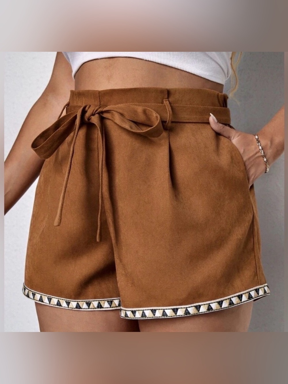 Shein Brown Paperbag Belted Boho Trim Shorts Womens Plus Size 1X Festival Summer